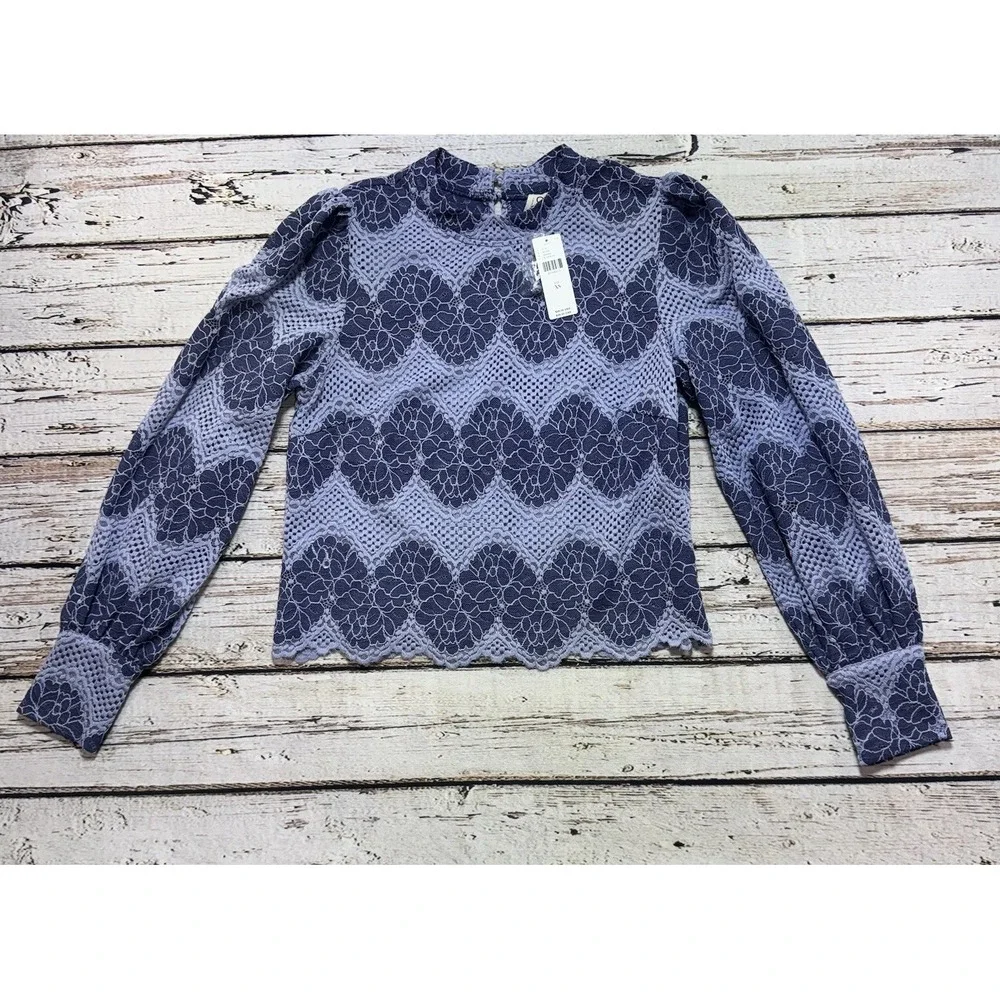 Dolan Anthropologie Left Coast Mock-Neck Lace Blouse XS Blue Puff Sleeve NWT